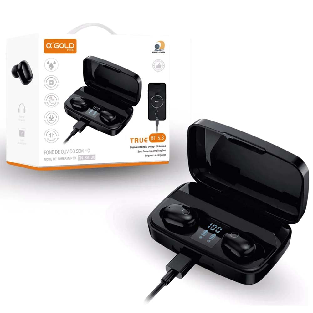 Fone De Ouvido Bluetooth aGold Plus Hi-Fi Preto C/ Estojo Carregador - FN-BAT20