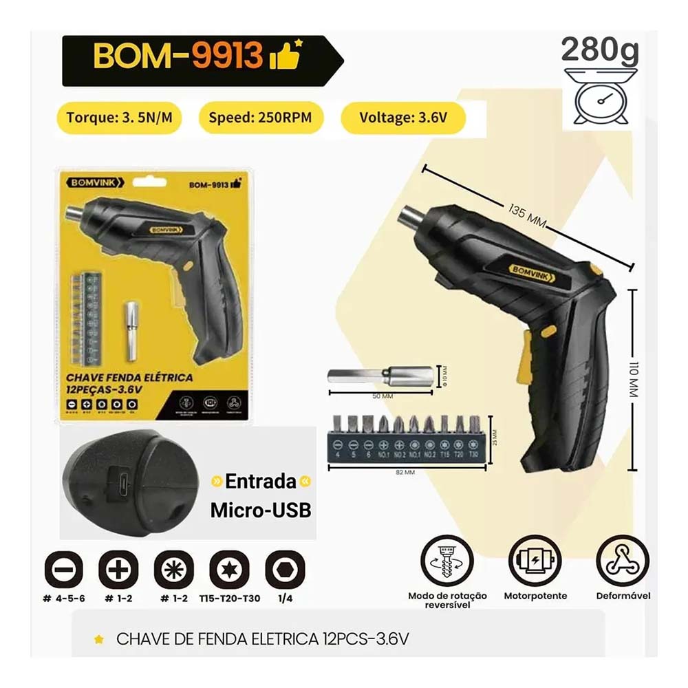 Chave de Fenda Elétrica Sem Fio BomVink C/ 12 Ponteiras 3.6v - BOM-9913