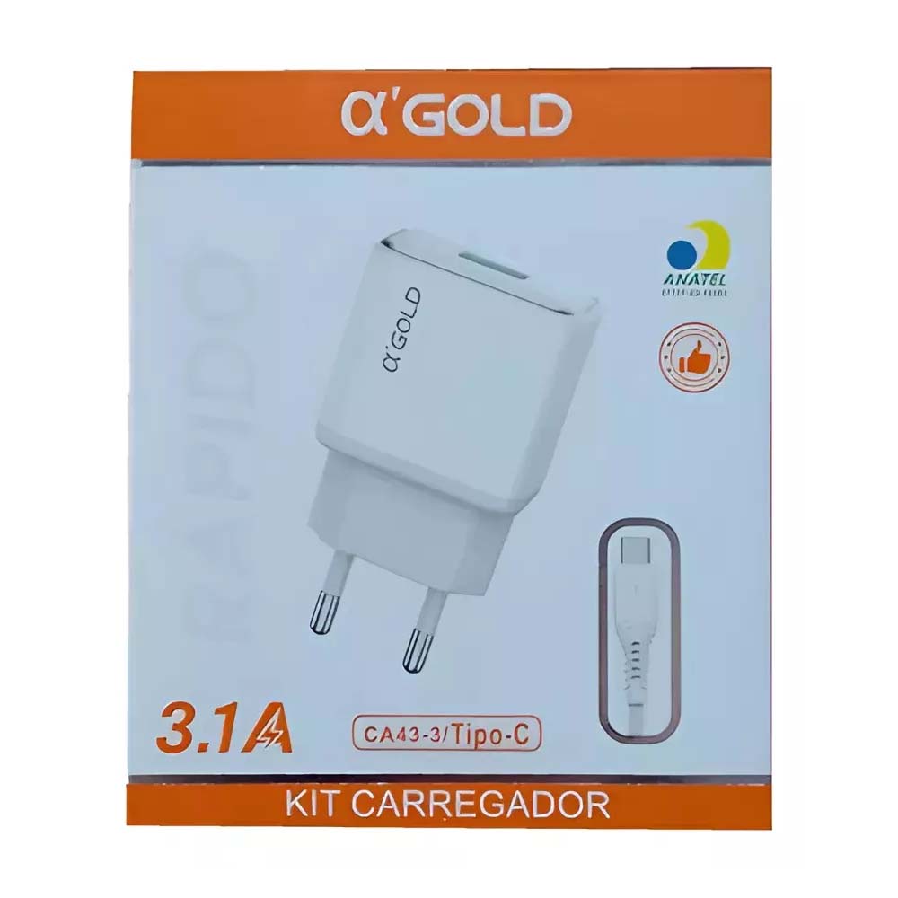 Carregador De Parede aGold USB + Cabo Usb Tipo C 3.1A - CA43-3 / Tipo-C