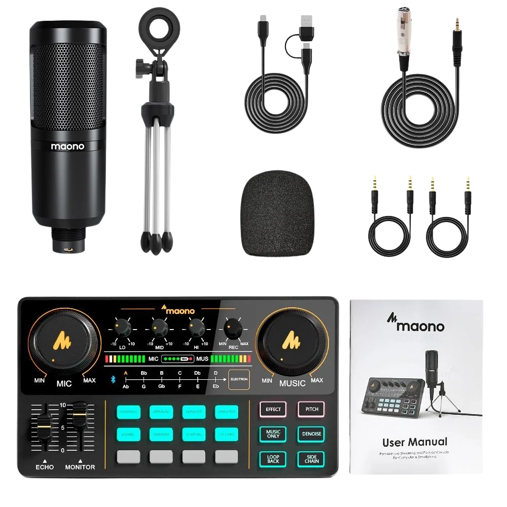Kit Mesa de Som Stream Deck Maono Caster Lite Bluetooth + Microfone Condensador XLR Cardioide - AU-AM200 S1