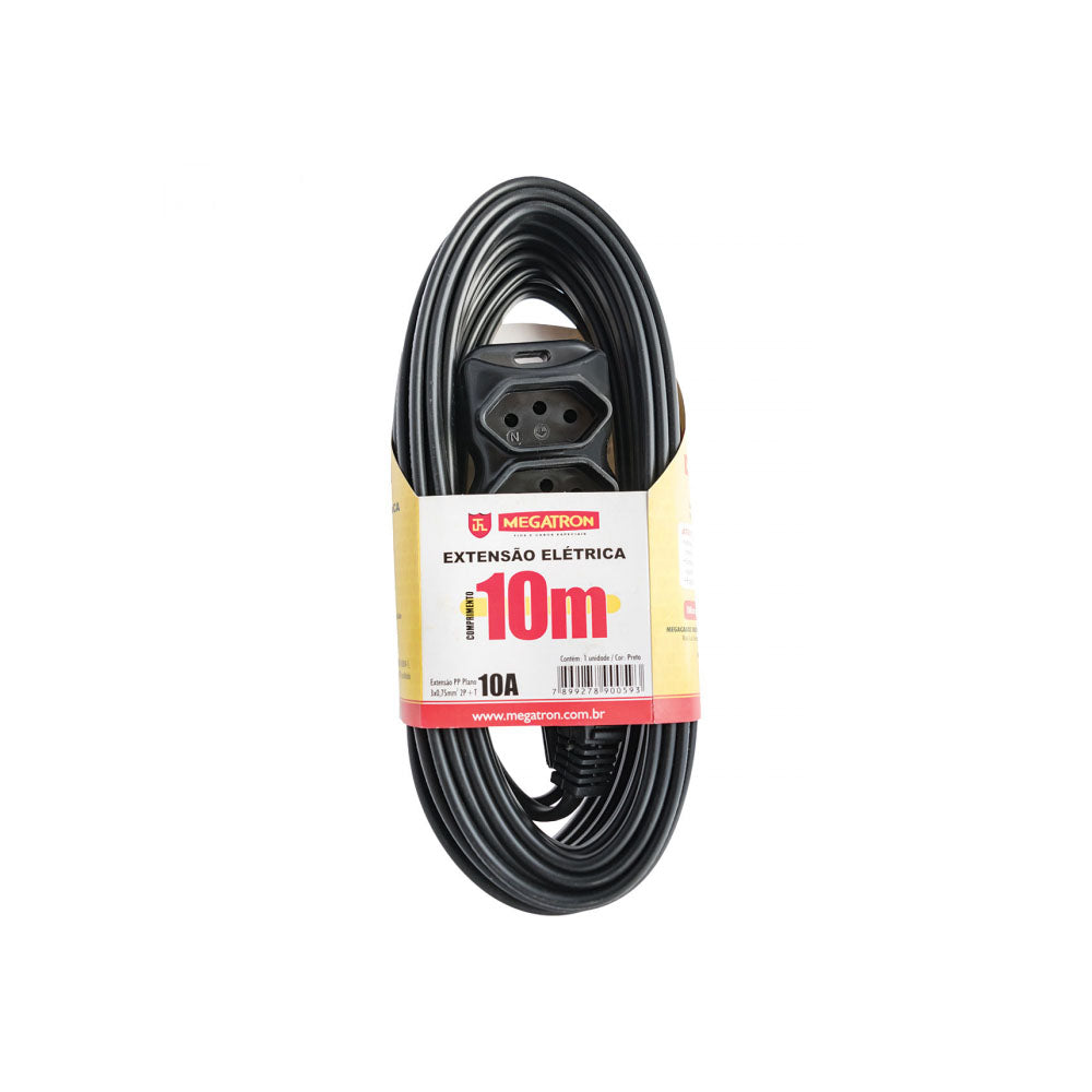 Extensão Elétrica Megatron 3 Tomadas pl 0,75mm 10A Preta 10mt - 29891