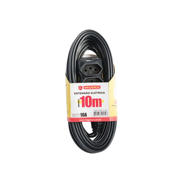 Extensão Elétrica Megatron 3 Tomadas pl 0,75mm 10A Preta 10mt - 29891