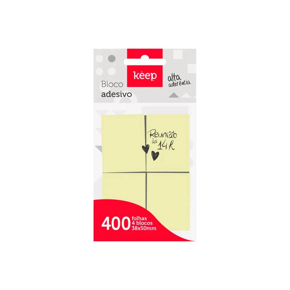 Bloco Adesivo 38x50mm Amarelo c/ 400 Folhas (4 Blocos) Keep - EI013 - Truedata