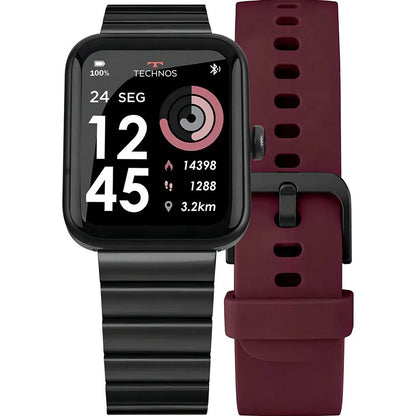 Relógio de Pulso SmartWatch Technos Connect Max C/ 2 Pulseiras Preto e Vinho - TMAXAI/7P