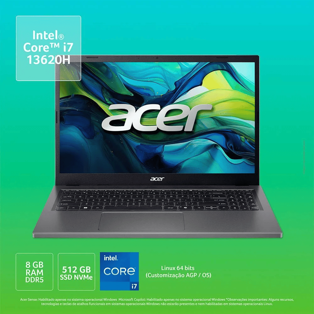 Notebook Acer Aspire Go 15 Intel Core i7-13620H 8Gb Ddr5 512Gb Ssd 15.6 Pols Preto Windows 11 Pro - AG15-71P-72WL