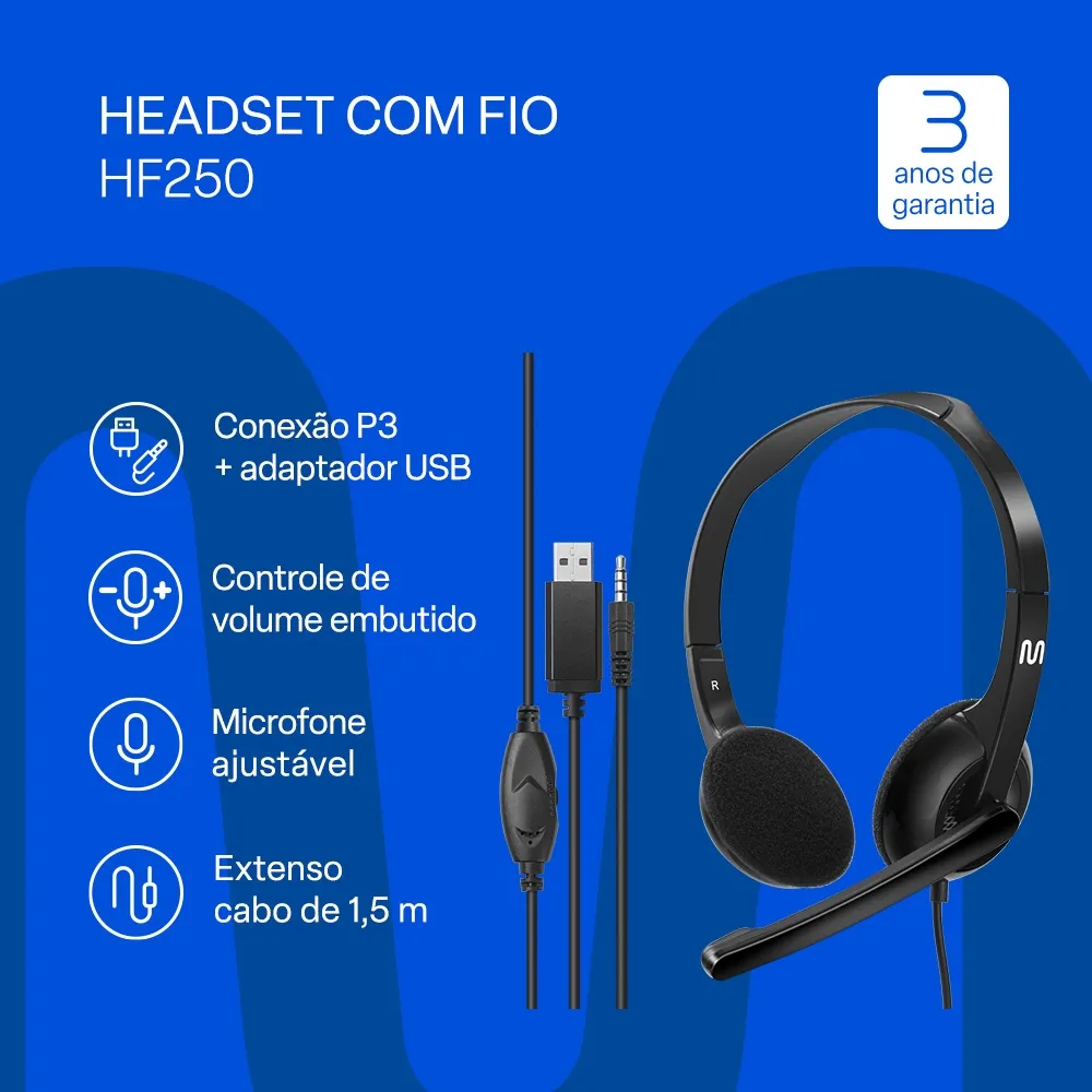 Headset Usb / P3 Multi HF250 Preto - PH467