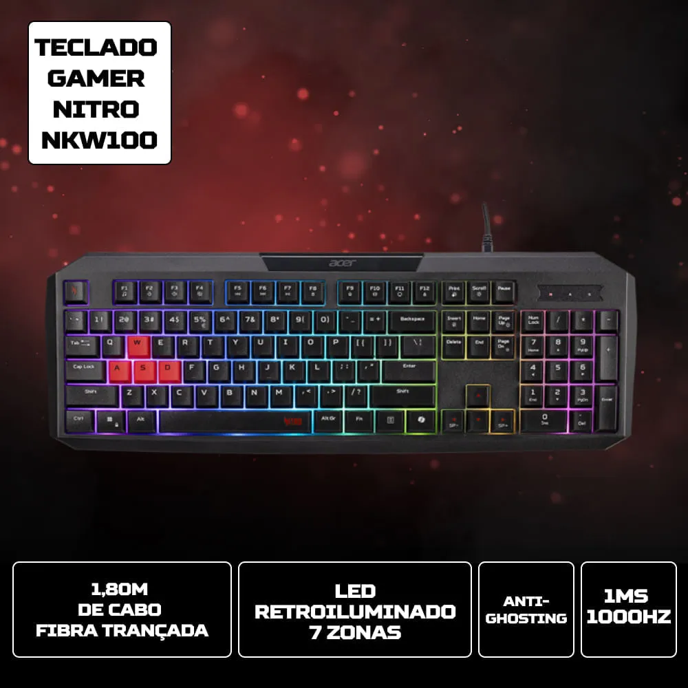 Teclado Gamer Acer Nitro NKW100 Usb Led Preto C/ RGB - GP.KBD11.05F750