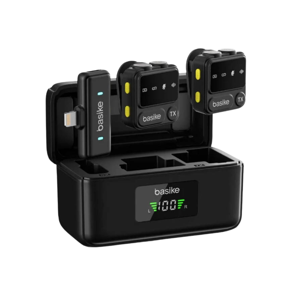 Microfone Sem Fio Wireless Lapela Tipo C Basike a Prova de Vento C/ 2 Microfones e Base de Carregamento