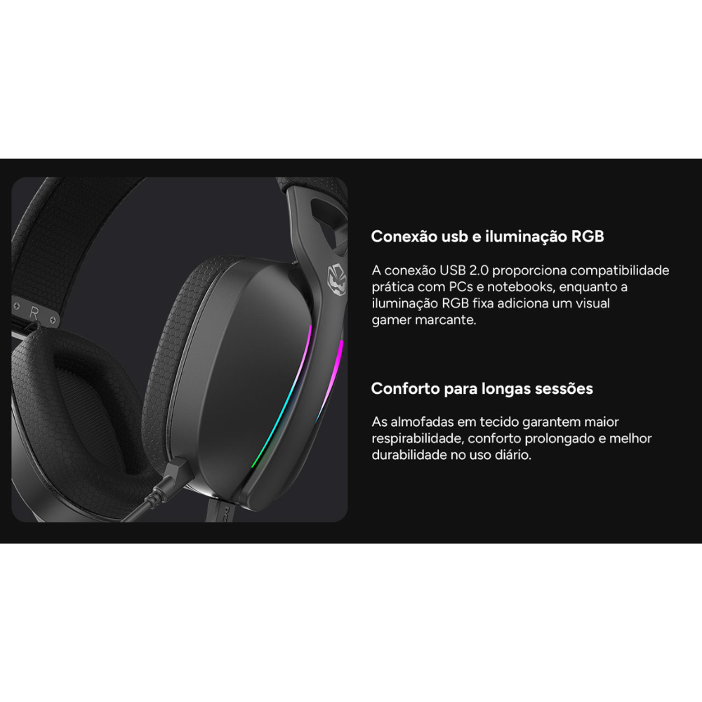 Headset Gamer PCYes Nowy Black Vulcan Usb Surround Rgb C/ Mic Destacável Preto - HGNW40BV