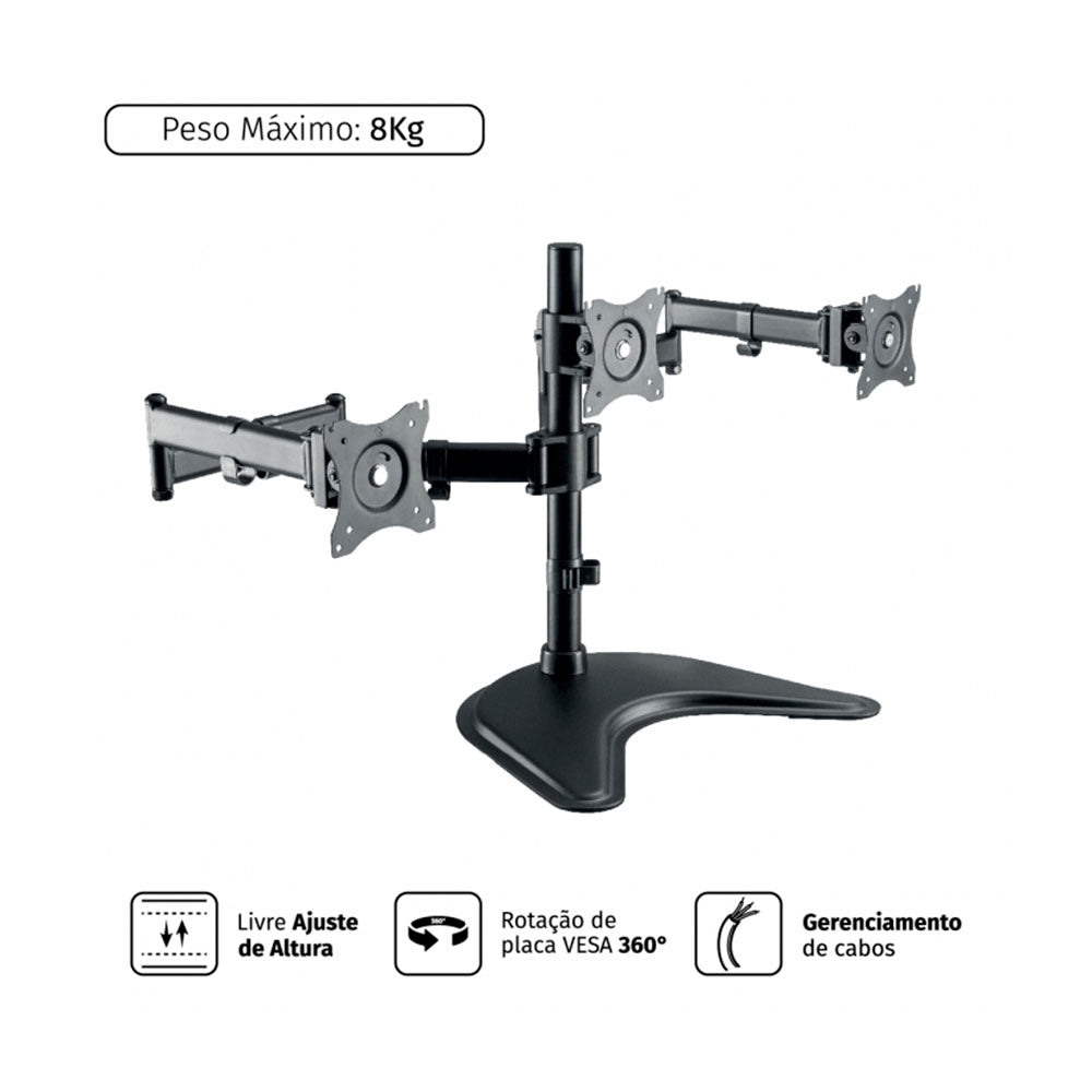 Suporte de Mesa para Três Monitores PCYes 13" a 27" Vesa 100x100 - PLMSM03A