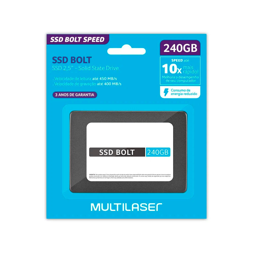 Ssd 240gb Multilaser SS220 Bolt 450mb/s Leitura 400mb/s Gravação