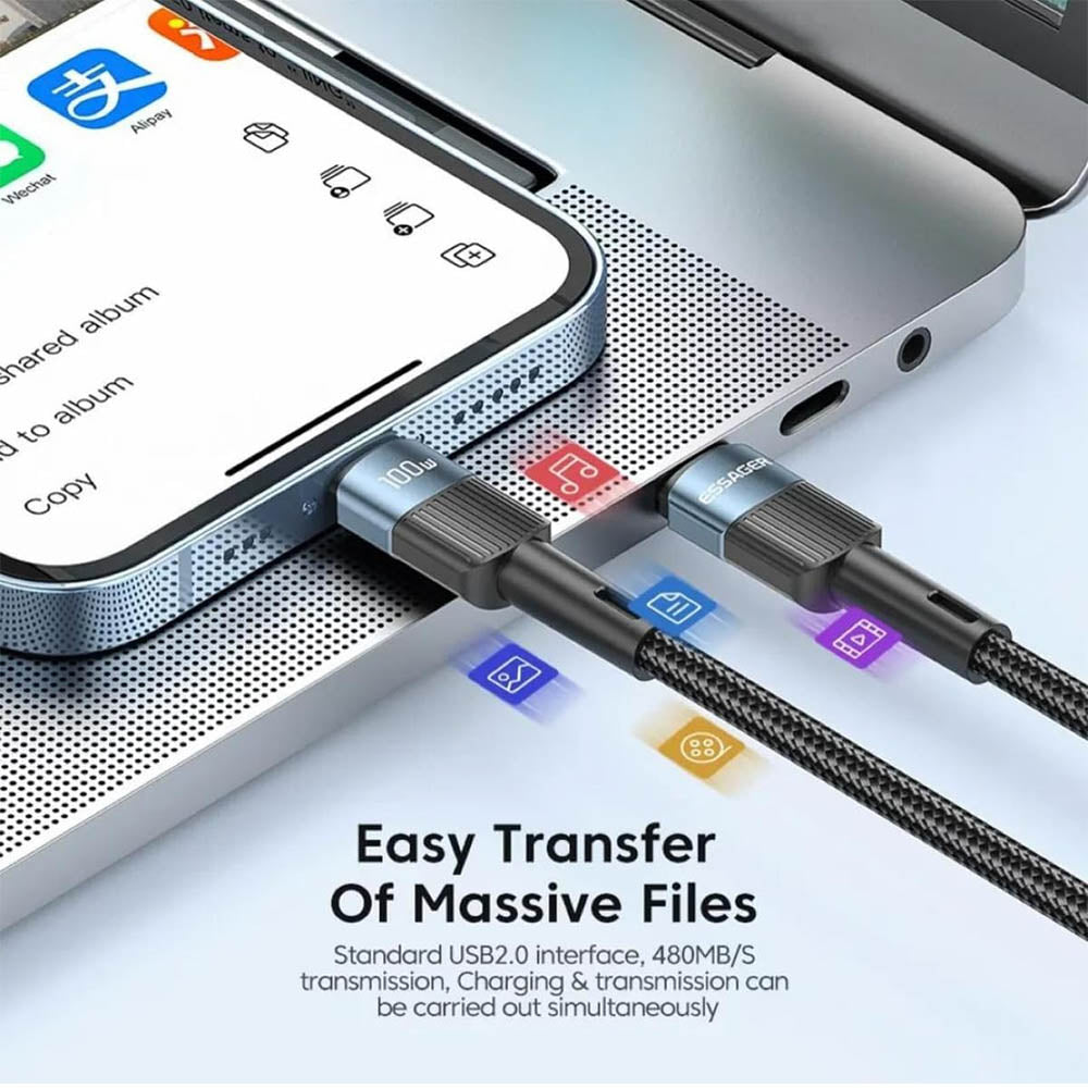 Cabo de Dados USB-C Essager 100w 2.0mt Nylon Preto - EXCTT1-XCA01