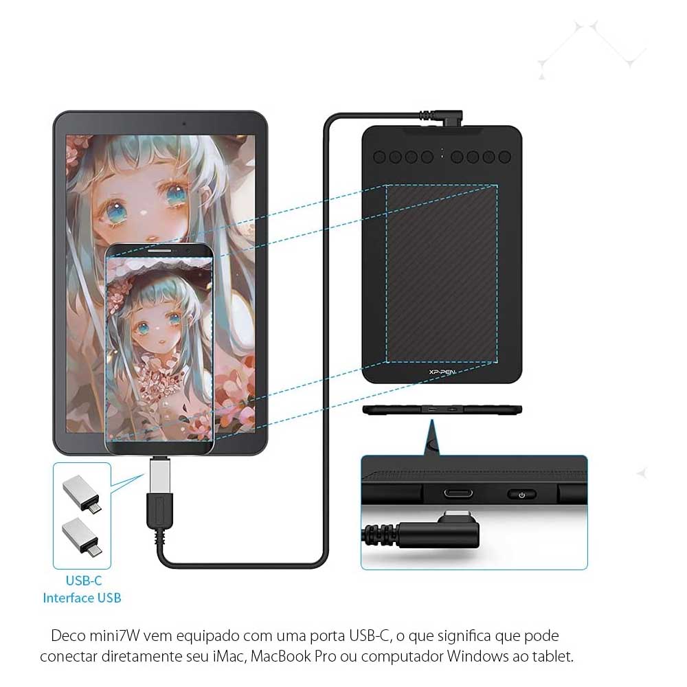 Mesa Digitalizadora XP-Pen Deco Mini7W 5080LPI Sem Fio Bluetooth