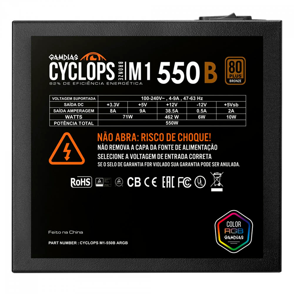 Fonte Real Atx 550w Gamdias Cyclops 80 Plus Bronze PFC Ativo Atx 2.31 - M1-550B