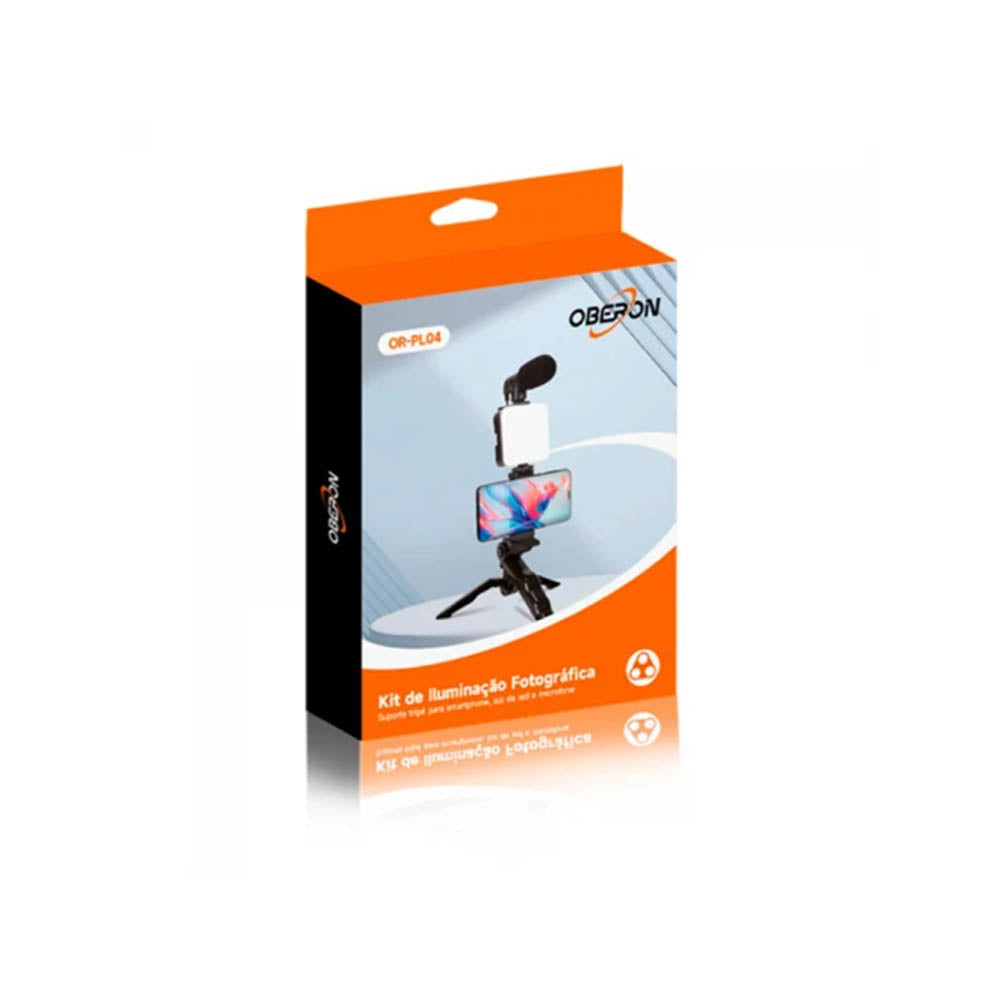 Kit de Iluminação Fotográfica C/ Suporte Tripé para Smartphone + Luz de Led e Microfone Oberon - OR-PL04