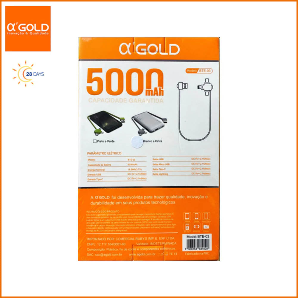 Carregador Portátil Power Bank AGold 5000Mah Multiconexões 2.1A - BTE-03
