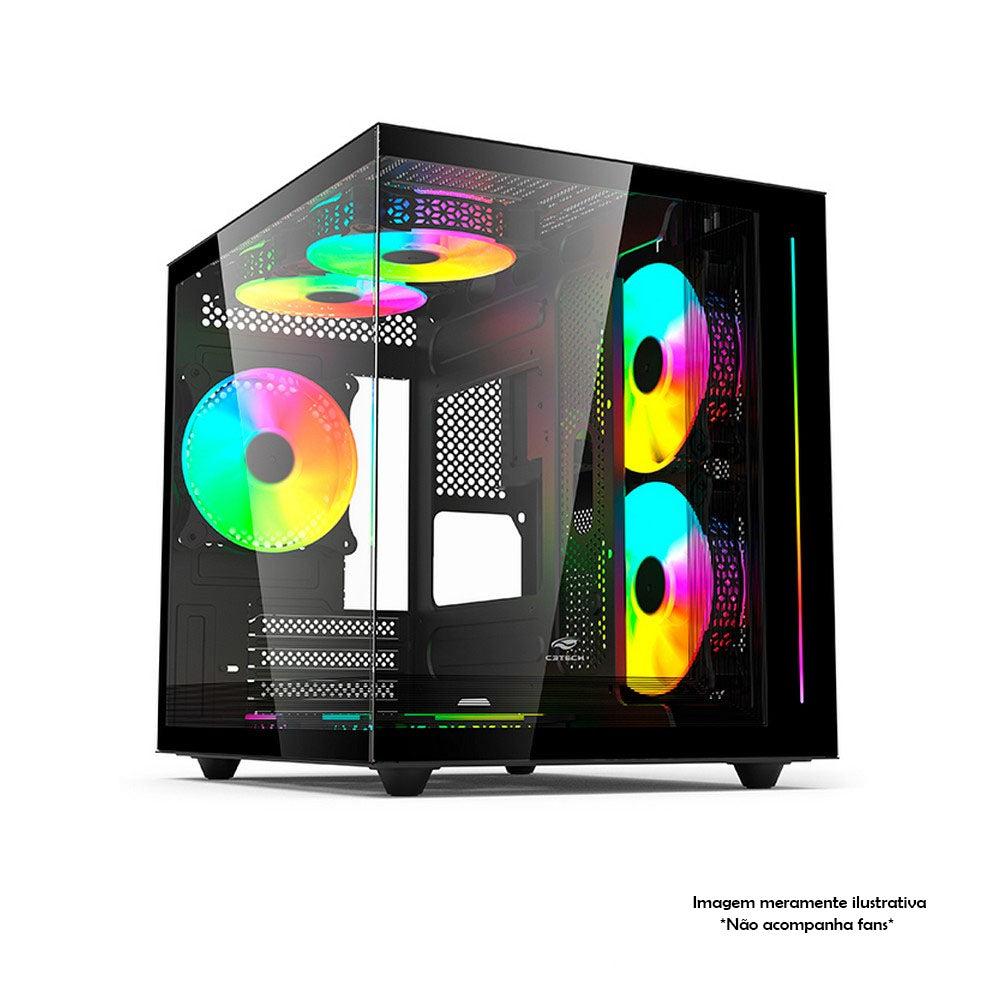 Gabinete Gamer C3Tech Aquarius Mid Tower C/ Frente e Lateral em Vidro Temperado e RGB S/ Fonte Preto - MT-G810BK