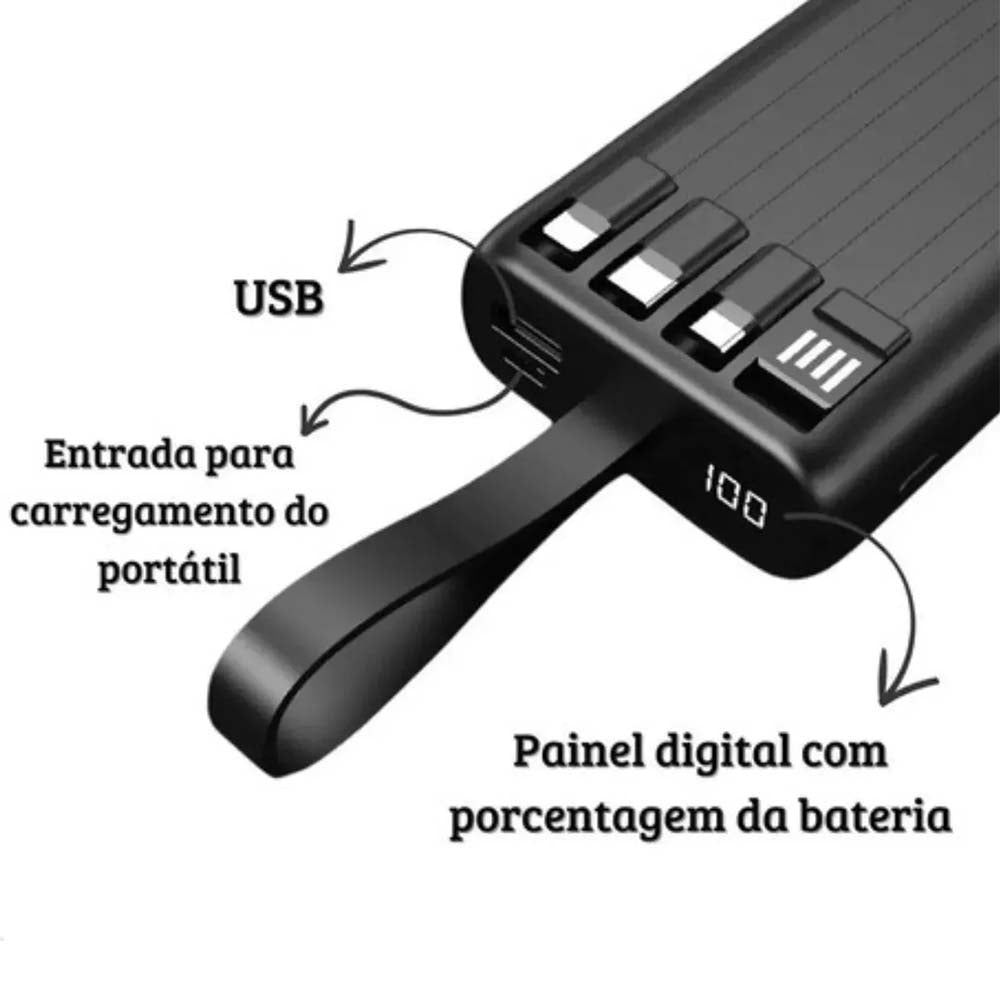 Carregador Portátil Power Bank AGold 20000Mah USB V8, Tipo C e Lighting C/ Iluminação em LED Branco - BTE-05