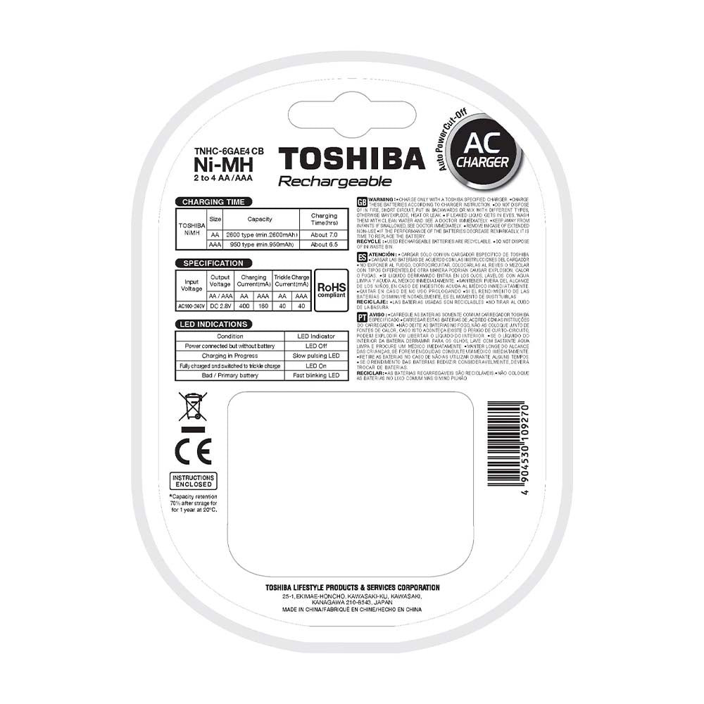 Carregador De Pilhas Toshiba C/ 4 Pilhas AA 2600Mah - TNHC-6GAE4 CB