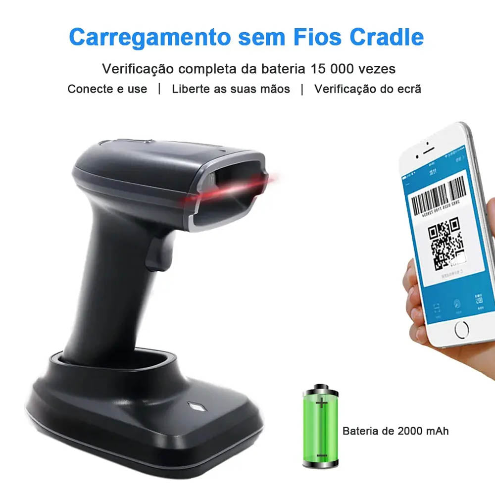 Leitor De Código De Barras Sem Fio 2d Com Suporte Bateria Longa Duraçao