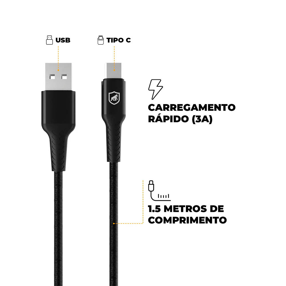 Kit Carregador de Parede Turbo Slim + Cabo Nylon Kevlar Preto USB Tipo C / USB 1,5m GShield - GS-8326