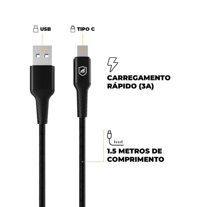Kit Carregador de Parede Turbo Slim + Cabo Nylon Kevlar Preto USB Tipo C / USB 1,5m GShield - GS-8326