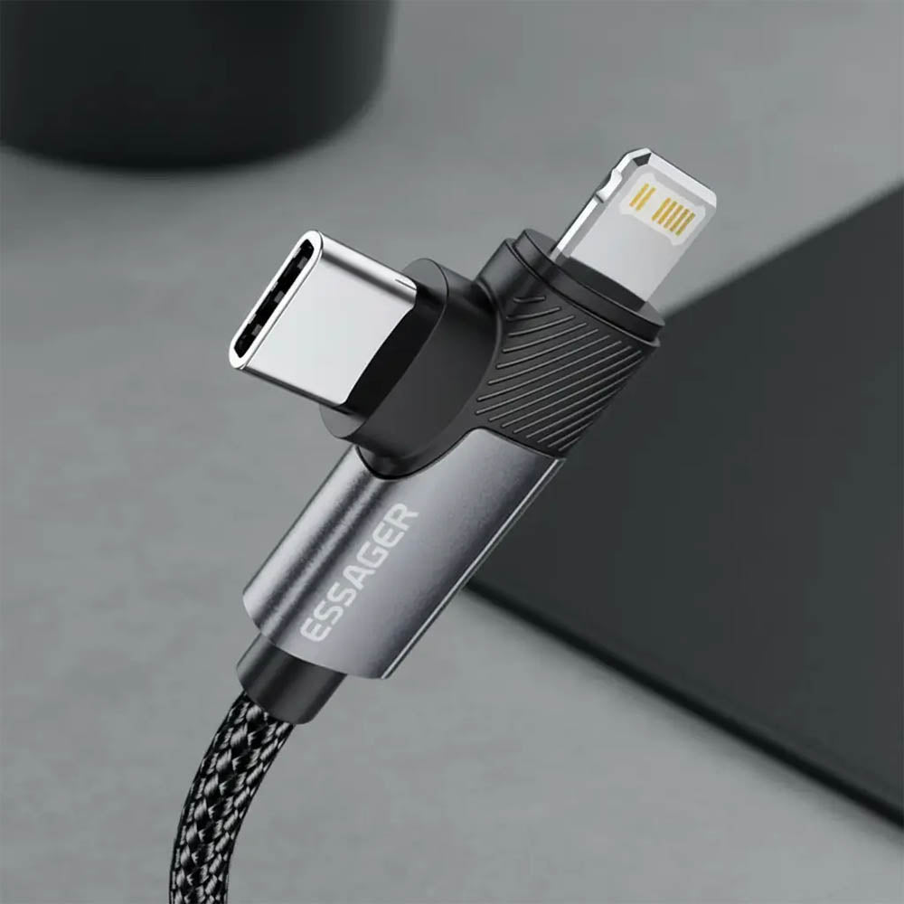 Cabo de Dados  2 em 1 USB-C p/ USB-C/Lightning  Essager 65w 1Mt Nylon Cinza - EXCTTL-WL0G-P