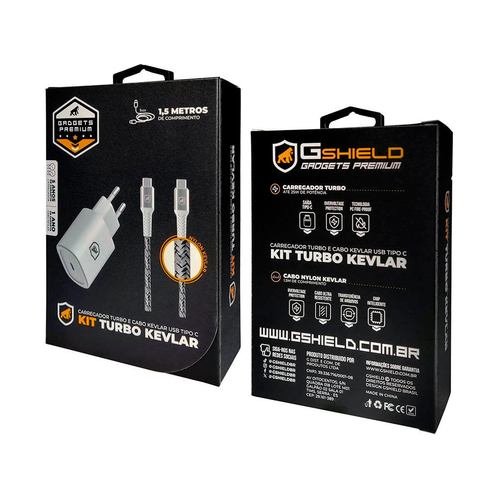 Kit Carregador de Parede USB Tipo C + Cabo USB Tipo C Kevlar 1,5m GShield Branco - GS-8336