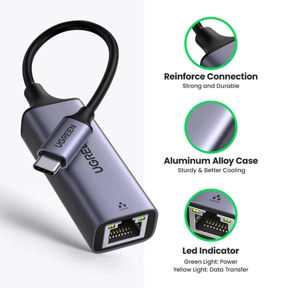 Adaptador Conversor Ethernet USB Tipo C p/ RJ45 3.1 Ugreen Cinza - CM199