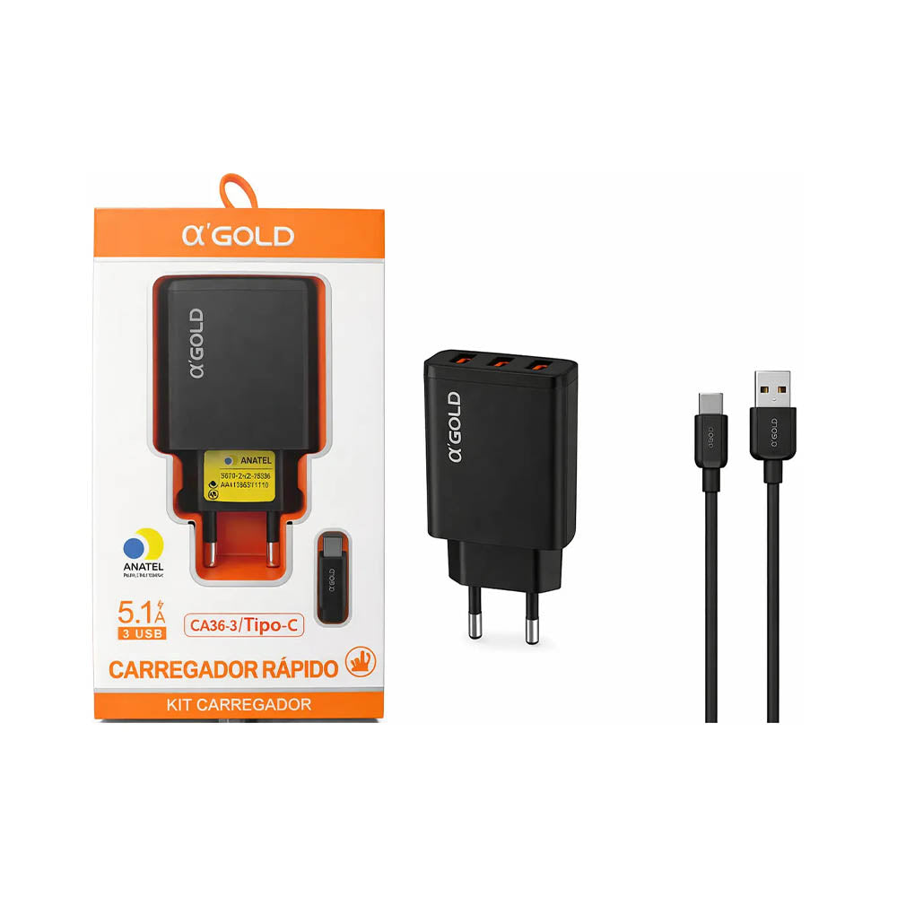 Carregador De Parede aGold 3 Usb C/ Cabo Usb-C 5.1A - CA36-3