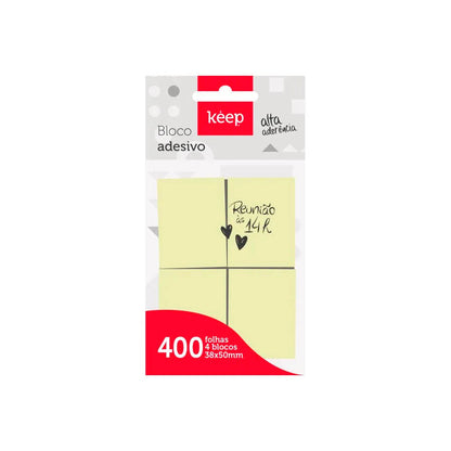 Bloco Adesivo 38x50mm Amarelo c/ 400 Folhas (4 Blocos) Keep - EI013