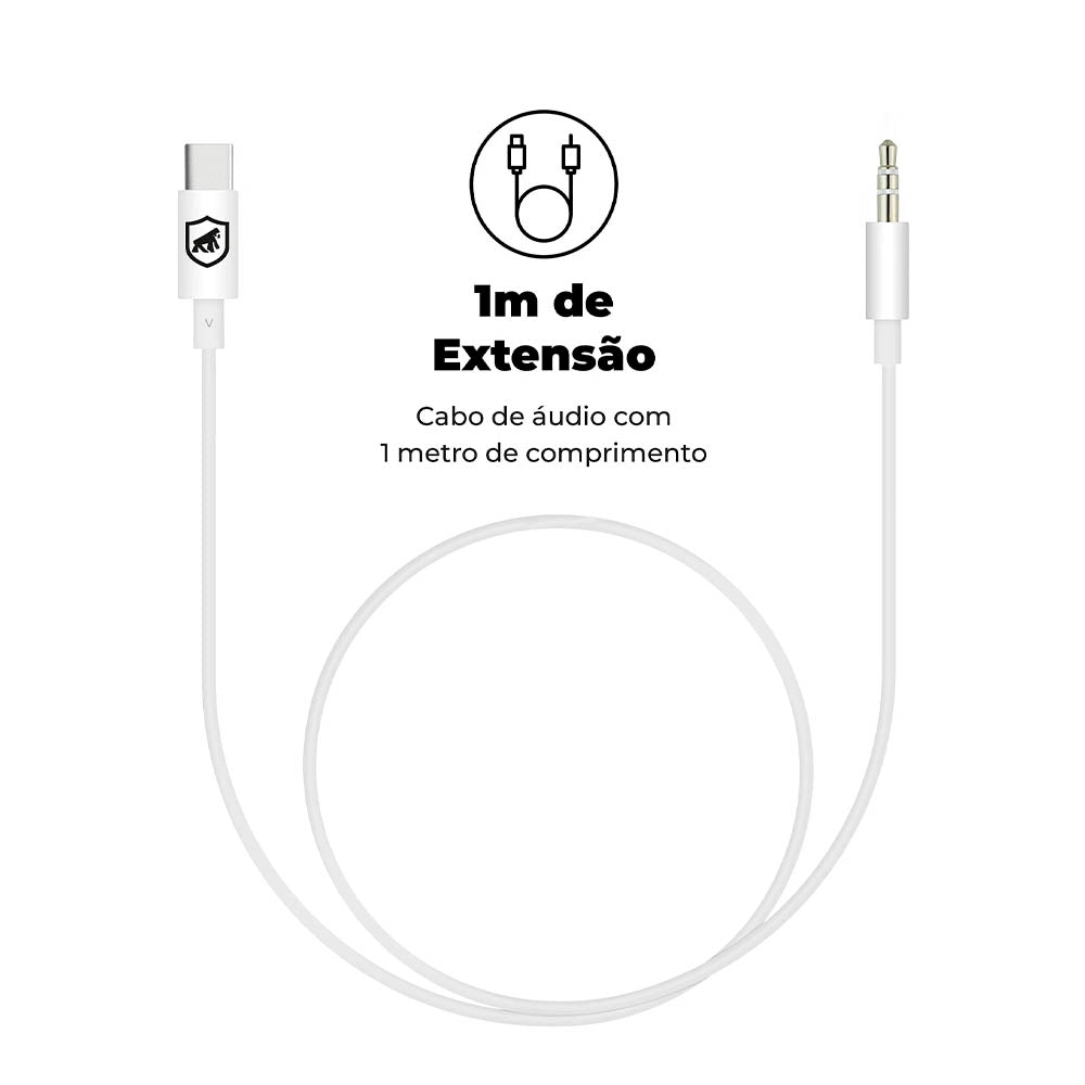 Cabo de Áudio Auxiliar P2 Macho P/  USB Tipo C GShield 1m Branco - GS-5946