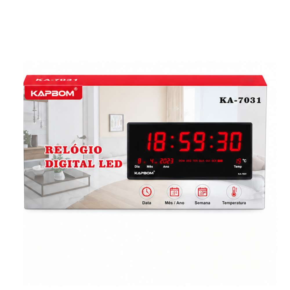 Relogio De Parede Led Digital Kapbom C/ Data e Temperatura - KA-7031
