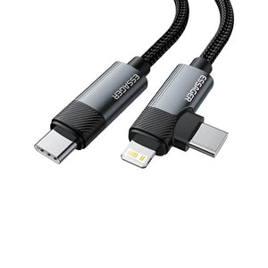 Cabo de Dados  2 em 1 USB-C p/ USB-C/Lightning  Essager 65w 1Mt Nylon Cinza - EXCTTL-WL0G-P