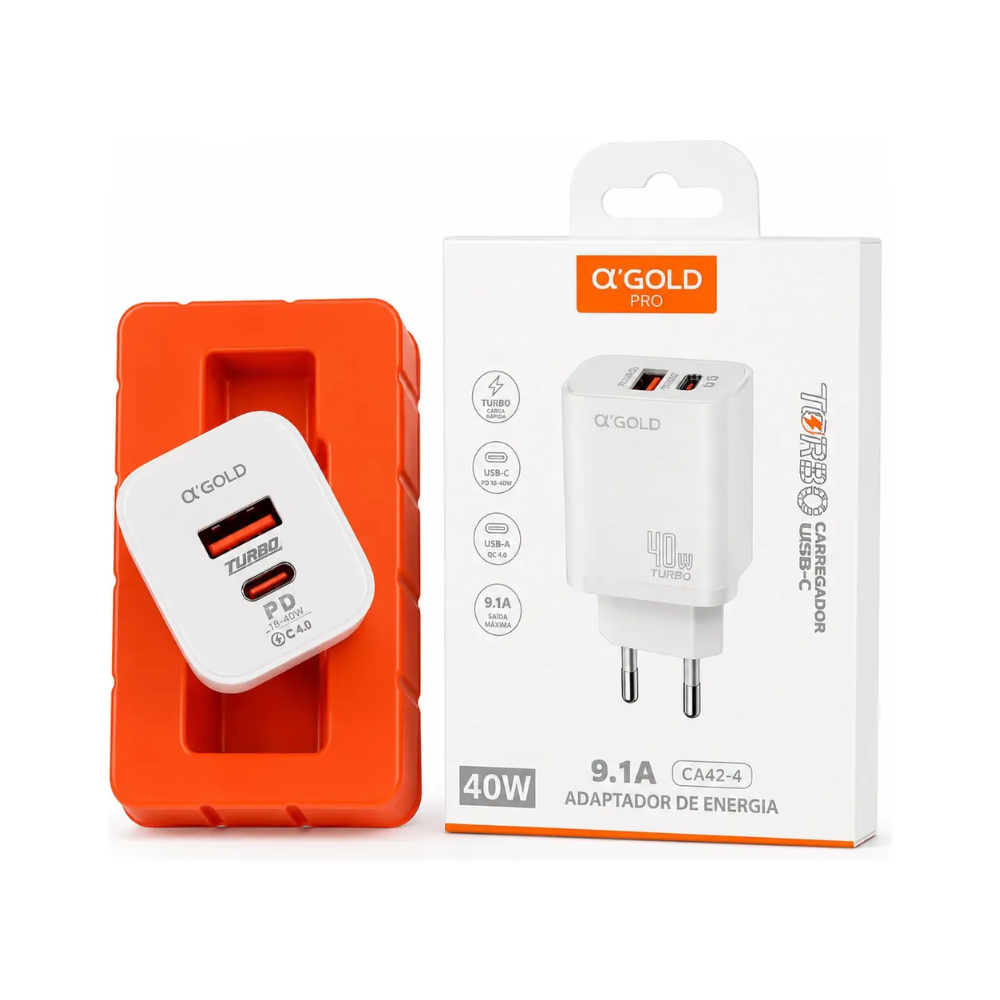 Carregador De Parede aGold Pro Saída Usb A e Usb-C 9.1A 40W Turbo - CA42-4