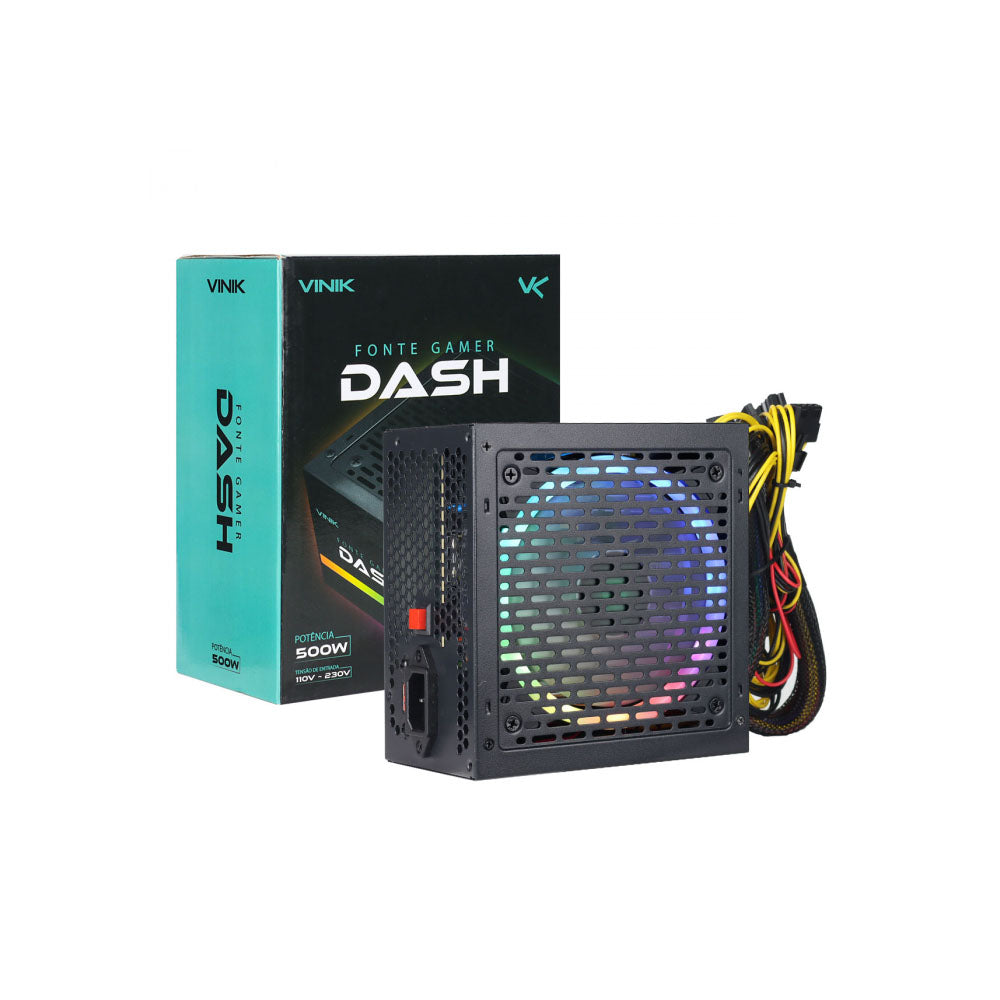 Fonte Real Atx Gamer Vinik Dash Atx 500w C/ Fan Led RGB Bivolt Preto - VFG500WPR