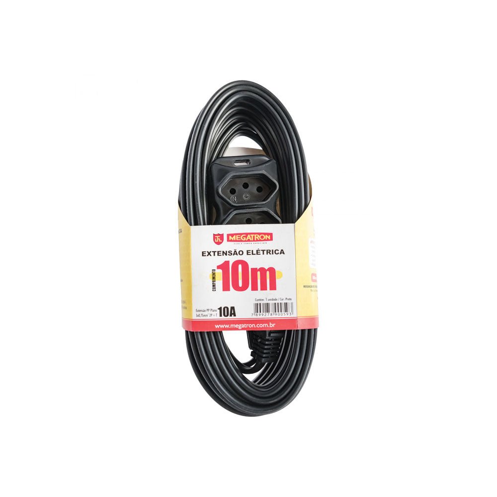 Extensão Elétrica Megatron 3 Tomadas pl 0,75mm 10A Preta 10mt - 29891 - Truedata