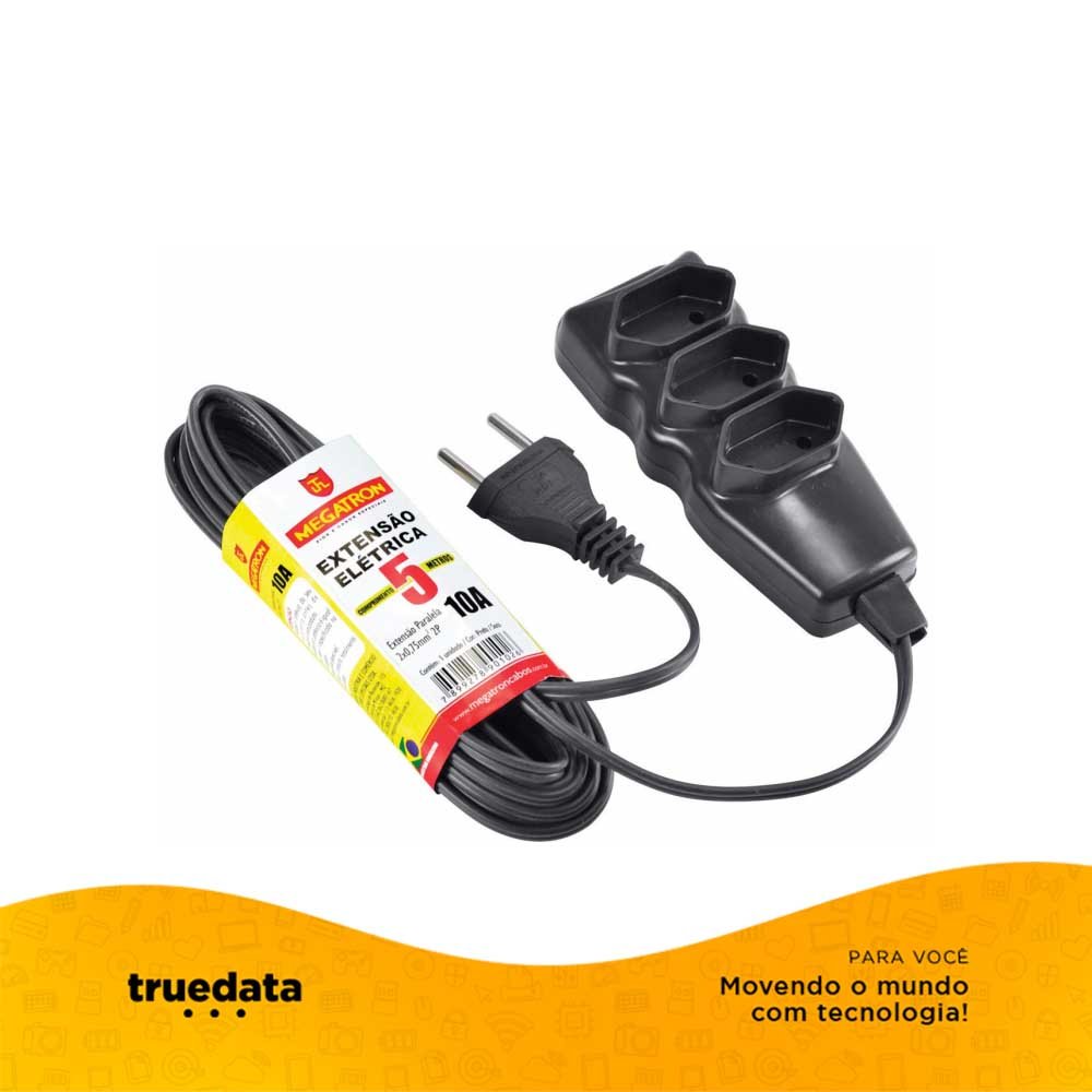Extensão Elétrica Megatron 3 Tomadas pl 0,75mm Preta 102 - 5mt - 23762 - Truedata