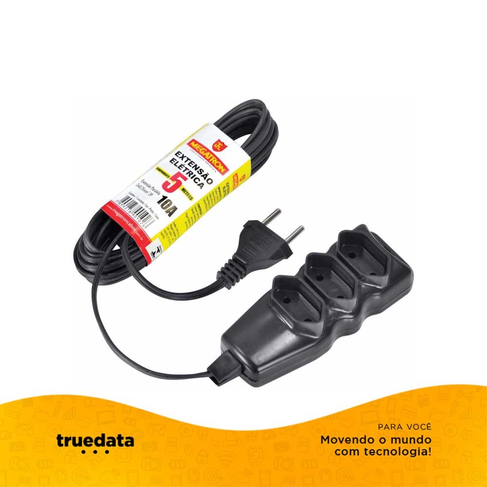 Extensão Elétrica Megatron 3 Tomadas pl 0,75mm Preta 102 - 5mt - 23762 - Truedata