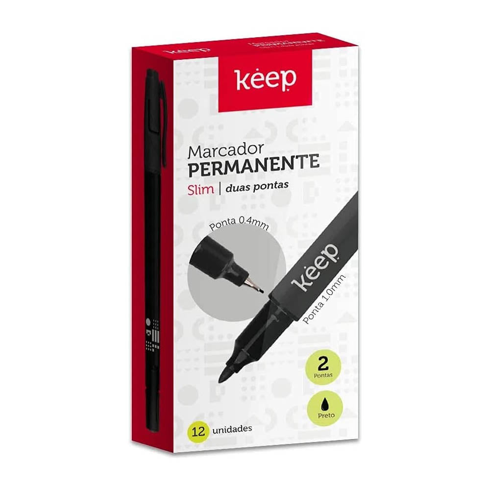 Caneta Marcador Permanente Keep Duas Pontas Fina/Ultrafina 1mm/0.4mm Preto - MR020