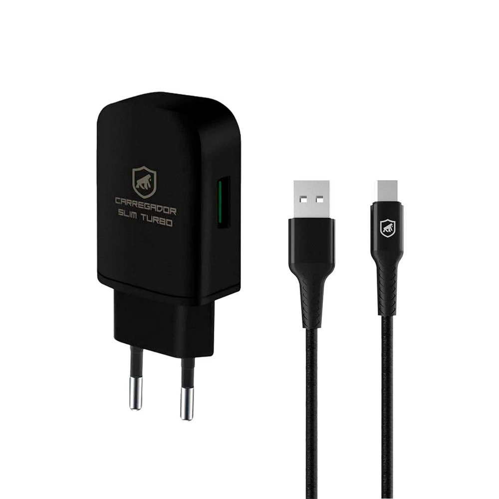 Kit Carregador de Parede Turbo Slim + Cabo Nylon Kevlar Preto USB Tipo C / USB 1,5m GShield - GS-8326