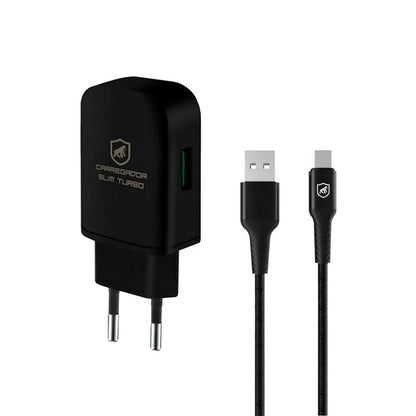 Kit Carregador de Parede Turbo Slim + Cabo Nylon Kevlar Preto USB Tipo C / USB 1,5m GShield - GS-8326
