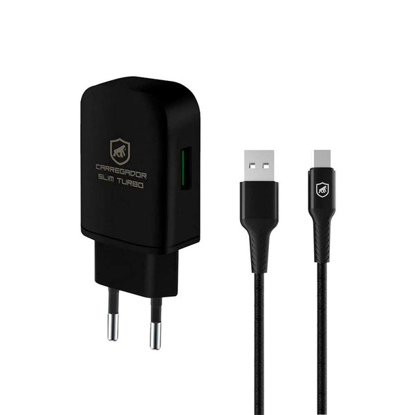 Kit Carregador de Parede Turbo Slim + Cabo Nylon Kevlar Preto USB Tipo C / USB 1,5m GShield - GS-8326