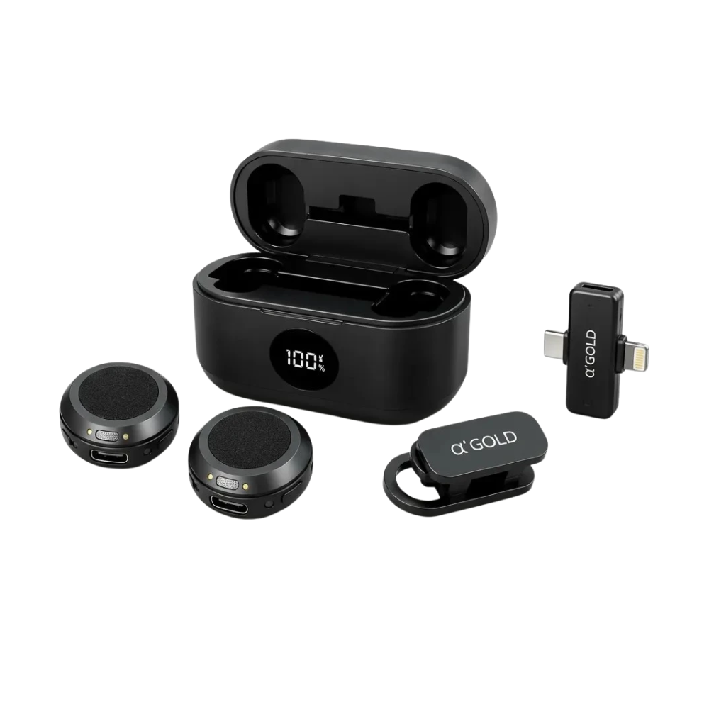 Kit C/ 2 Microfones Sem Fio Magnético Lapela Tipo-C e Lightning aGold C/ Base e Redução de Ruído - MCF-38A