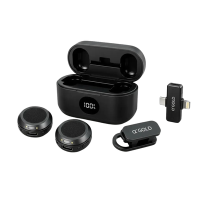 Kit C/ 2 Microfones Sem Fio Magnético Lapela Tipo-C e Lightning aGold C/ Base e Redução de Ruído - MCF-38A