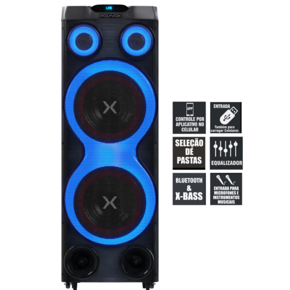 Caixa De Som Bluetooth Polyvox Torre Amplificada 2500W TWS  Led Preta - XT-2212T