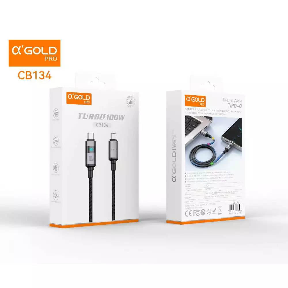Cabo de Dados Tipo C P/ Tipo C 1m aGold Turbo 100W C/ Display - CB134