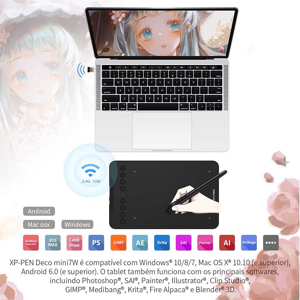 Mesa Digitalizadora XP-Pen Deco Mini7W 5080LPI Sem Fio Bluetooth