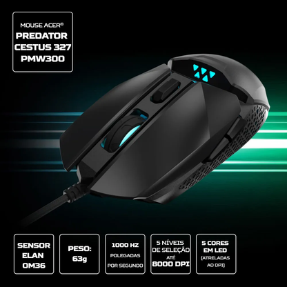 Mouse Gamer Acer Predator Cestus 327 Pmw300 6 Botoes 8000Dpi Preto C/ Led - GP.MCE11.035