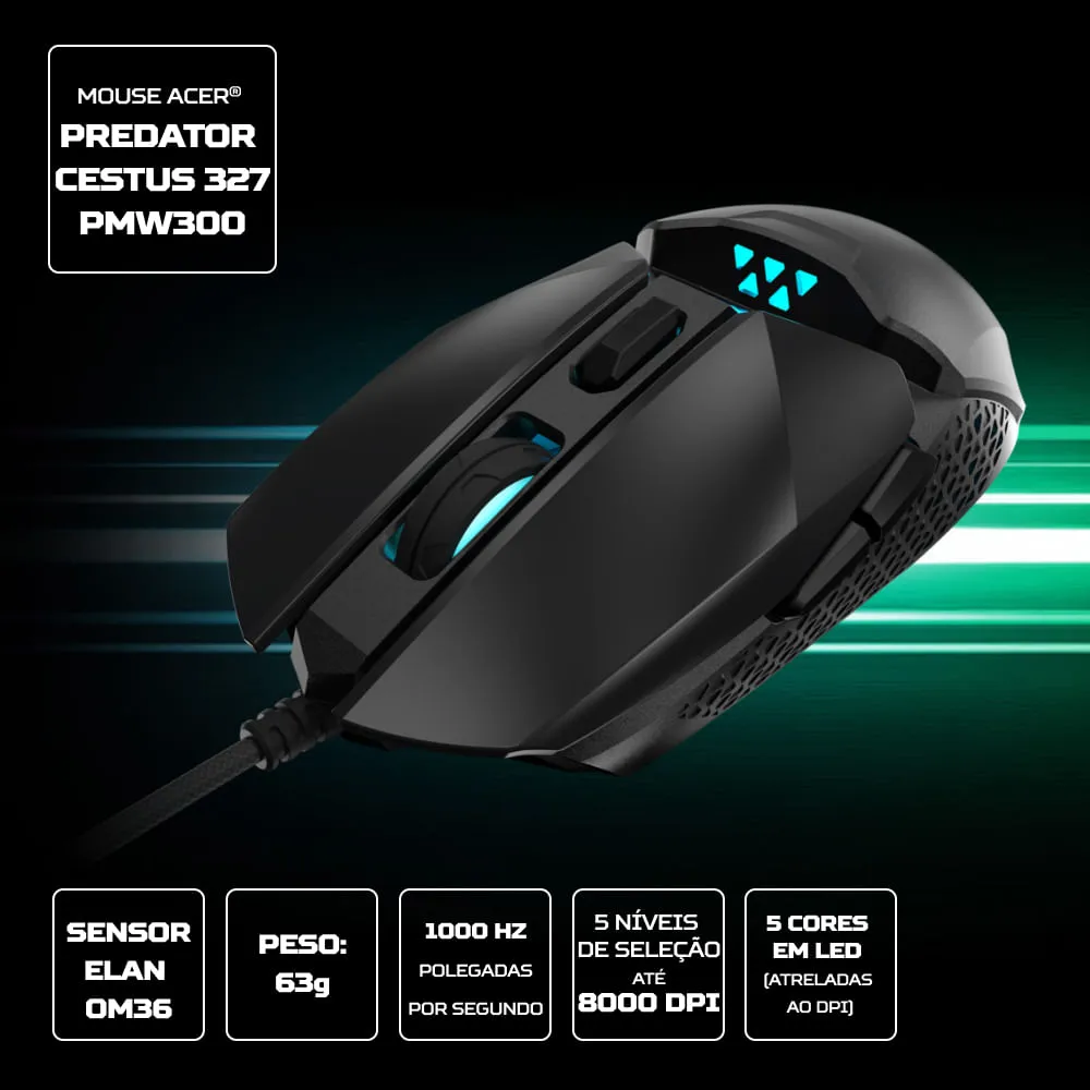 Mouse Gamer Acer Predator Cestus 327 Pmw300 6 Botoes 8000Dpi Preto C/ Led - GP.MCE11.035